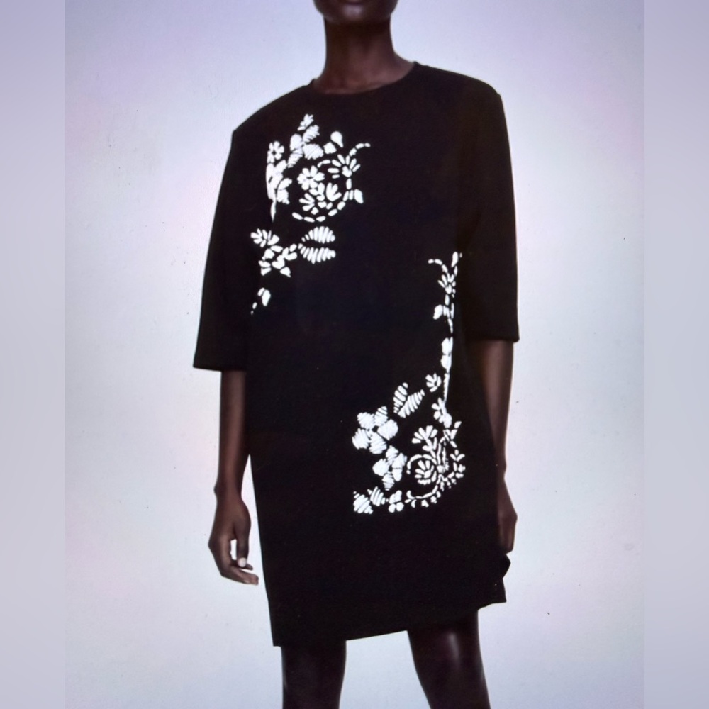 Zara Black and White Floral Rubberized Print Dress